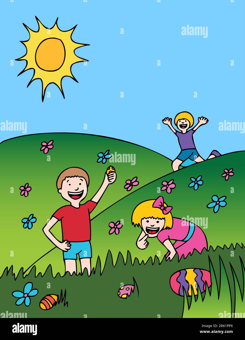 Children on Easter Sunday collecting eggs. Stock Vector