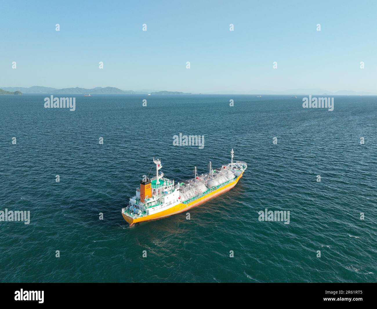 An aerial view of a boat sailing in Seto Inland Sea, Japan Stock Photo