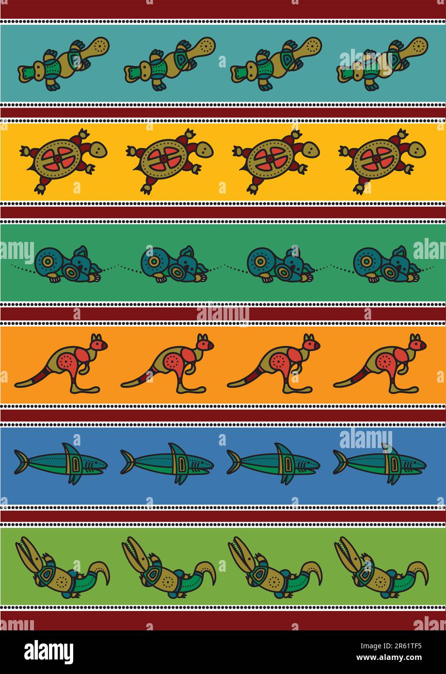 Vector pattern including ethnic Australian motive with multicolored typical animals Stock Vector