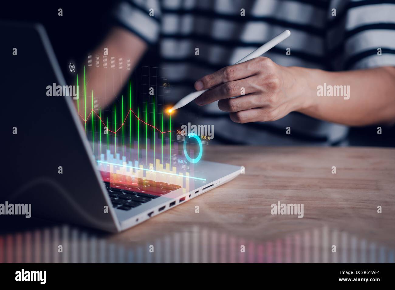 Business growing. Businessmen use laptop increasing technical graphs