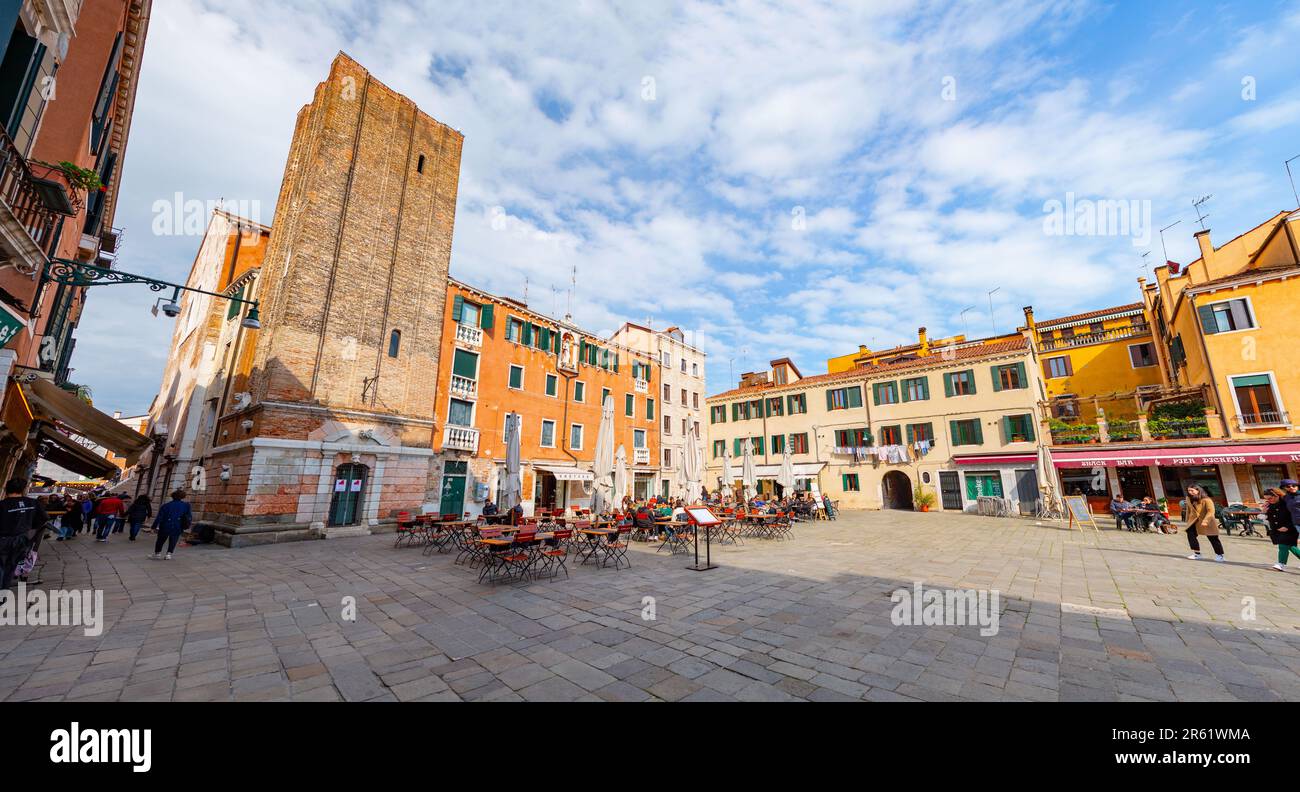 Venice, Italy - April 2, 2022: Campo Santa Margherita is a city square in the sestiere of Dorsoduro of Venice, Veneto, Italy. Stock Photo