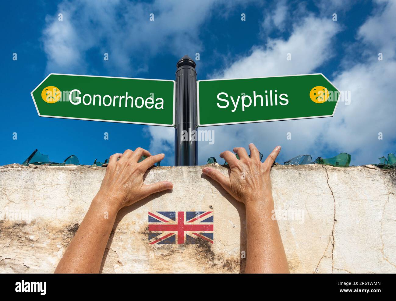 Gonorrhoea and Syphilis concept sign with sad face emoji. Record cases in 2022 in England. Stock Photo