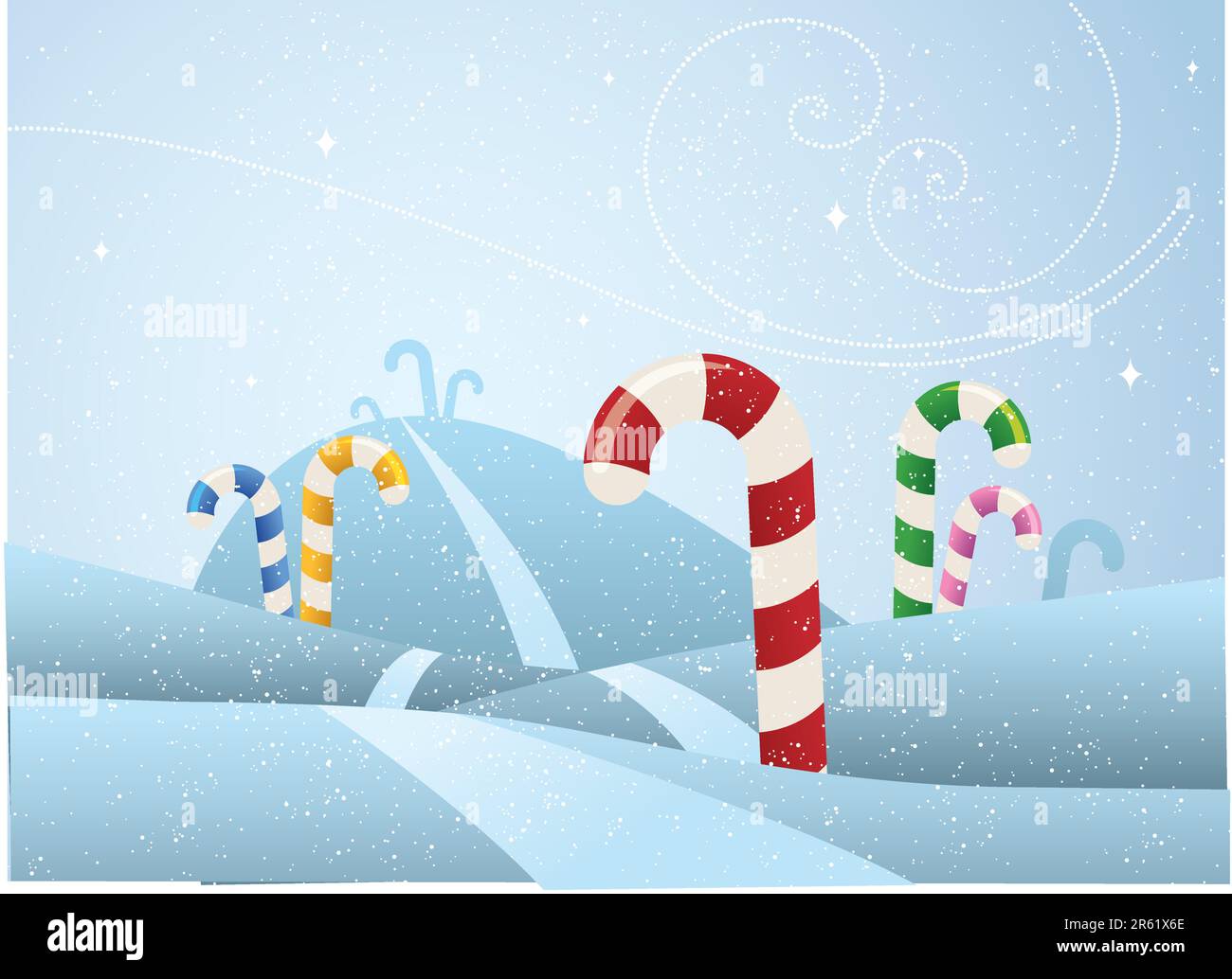 A snowy field of different flavored candy canes growing like trees