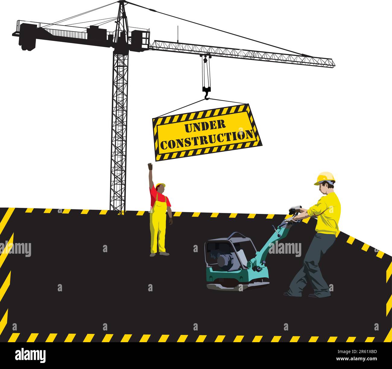 Site under construction with workers and hoisting crane Stock Vector