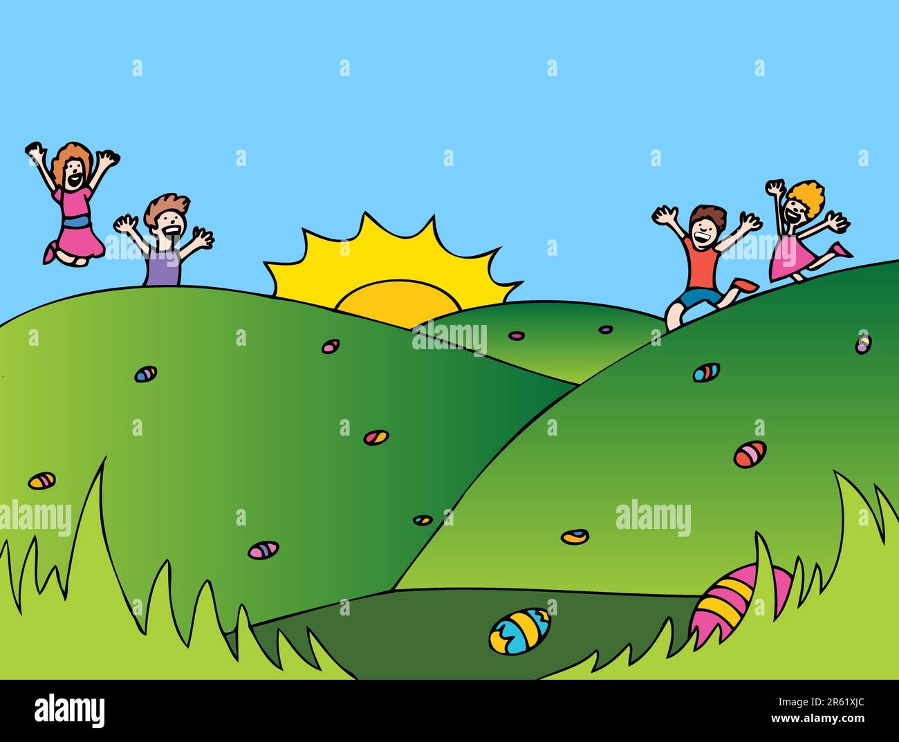 Children on Easter Sunday collecting eggs. Stock Vector