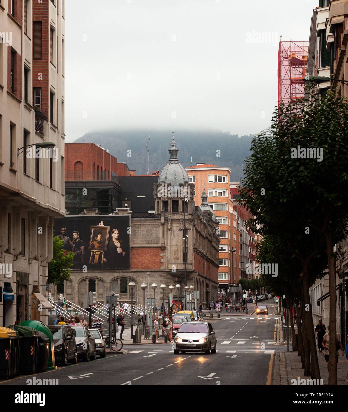 Bilbao, Spain - August 03, 2022: View of the old town of Bilbao on a rainy day, the Azkuna Zentroa on background Stock Photo