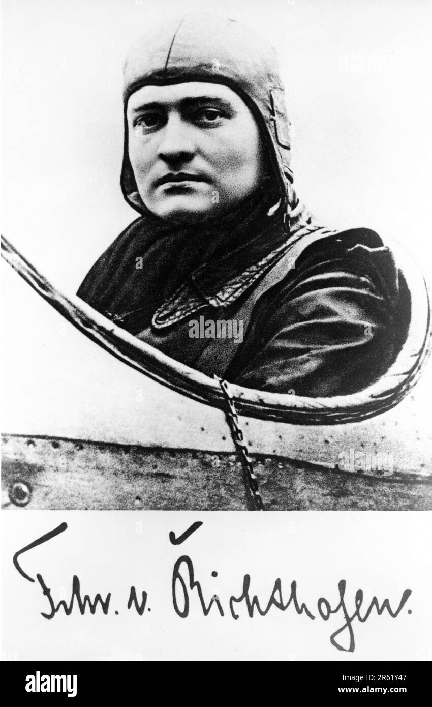 German Fighter Ace MANFRED VON RICHTHOFEN (2nd May 1892 - 21st April 1918) Portrait circa 1917 in cockpit of his plane Stock Photo