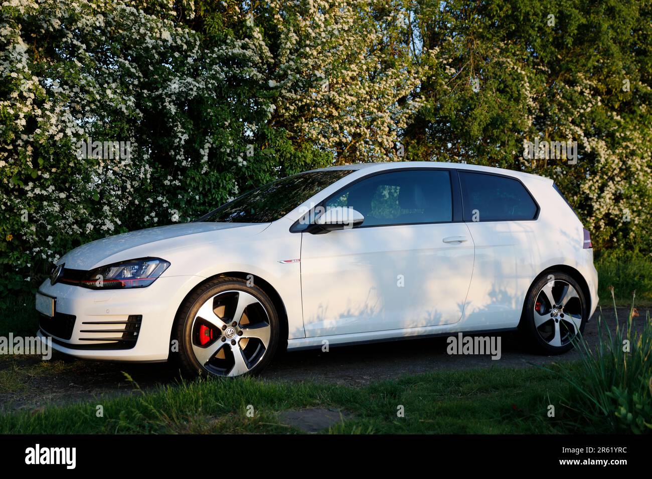 New White Car, Volkswagen Golf GTI MK7 3 door hatchback petrol car Stock Photo