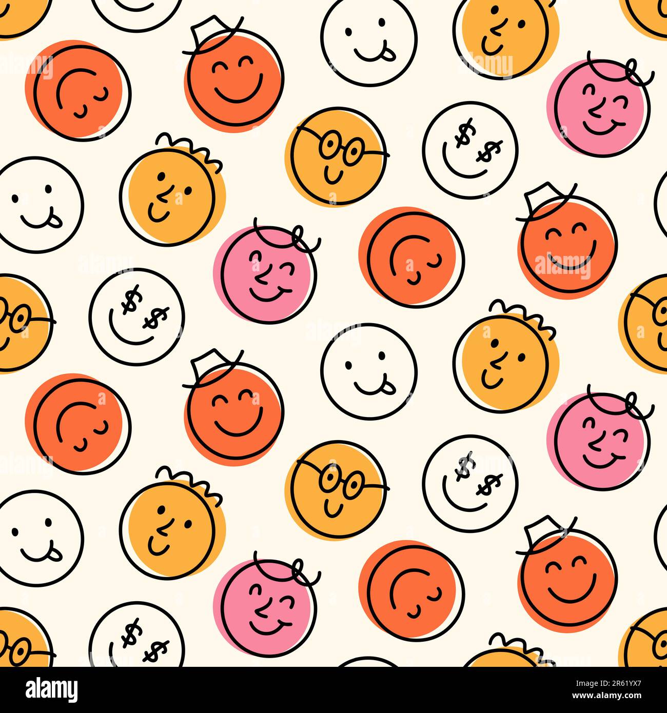 Fun Emoji Icons Seamless Pattern, Emoticon Faces Stock Vector