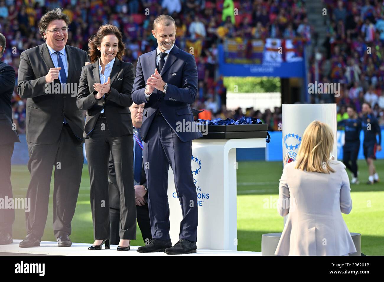 Theodore Theodoridis , Nadine Kessler and Aleksander Ceferin pictured watching Dutch Sarina Wiegman bring the trophee cup during a female soccer game between FC Barcelona Femeni and VFL Wolfsburg, at the final of the 2022-2023 Uefa Women’s Champions League competition , on  Saturday 3 June 2023  in Eindhoven , The Netherlands . PHOTO SPORTPIX | David Catry Stock Photo
