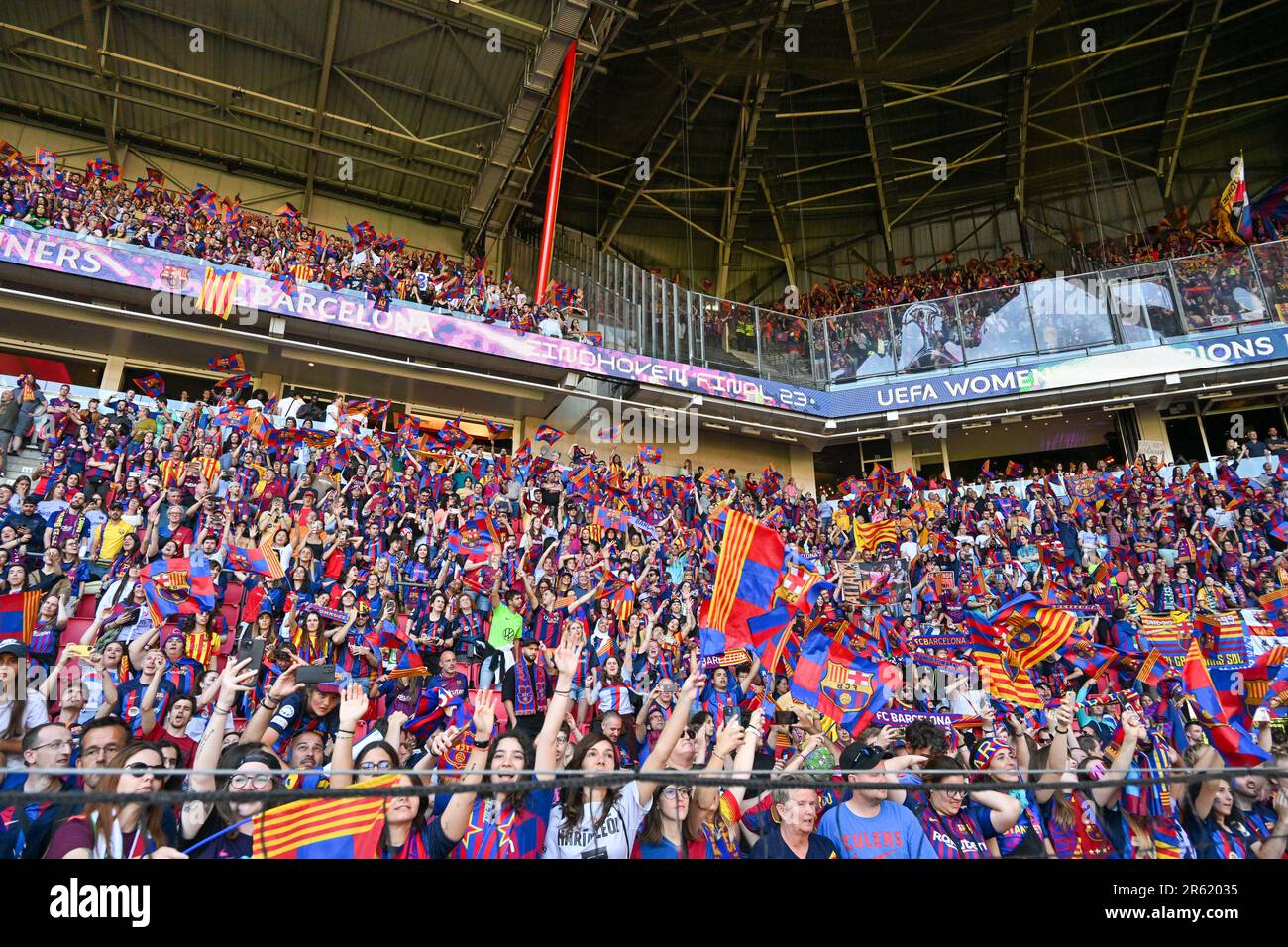 fans and supporters of Barcelona pictured celebrating after a female soccer game between FC Barcelona Femeni and VFL Wolfsburg, at the final of the 2022-2023 Uefa Women’s Champions League competition , on  Saturday 3 June 2023  in Eindhoven , The Netherlands . PHOTO SPORTPIX | David Catry Stock Photo