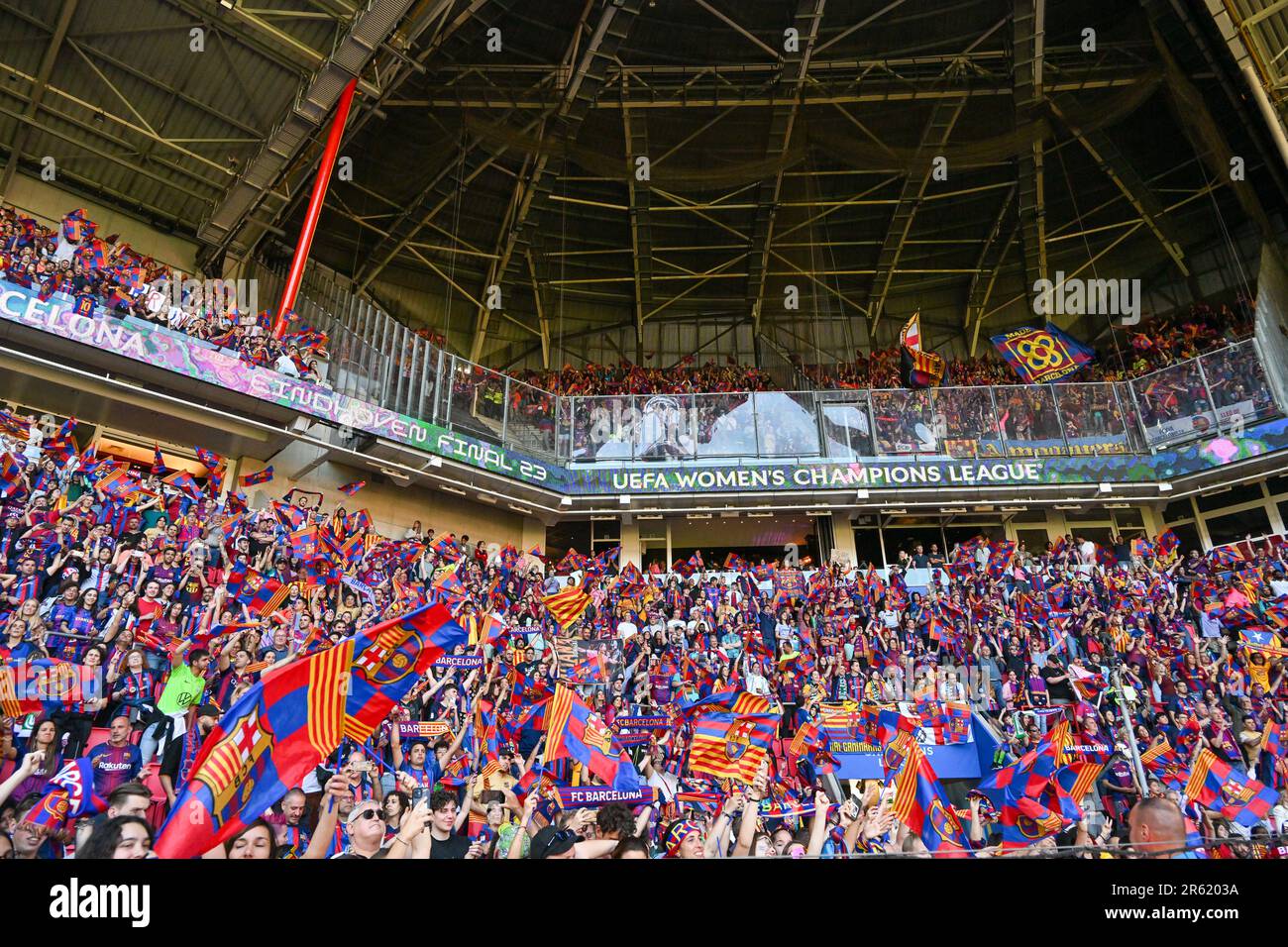 fans and supporters of Barcelona pictured celebrating after a female soccer game between FC Barcelona Femeni and VFL Wolfsburg, at the final of the 2022-2023 Uefa Women’s Champions League competition , on  Saturday 3 June 2023  in Eindhoven , The Netherlands . PHOTO SPORTPIX | David Catry Stock Photo
