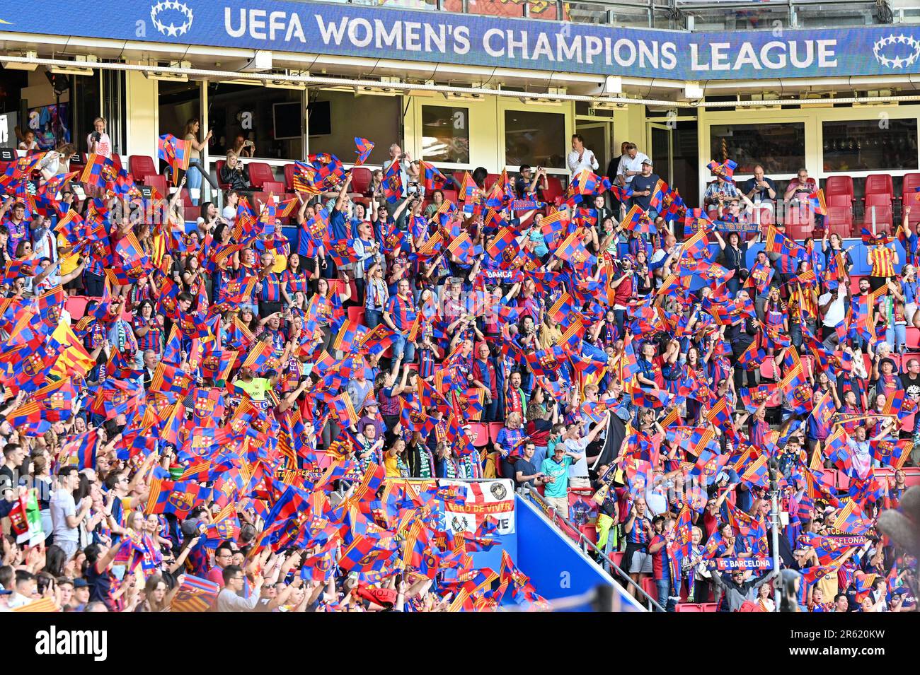 Eindhoven, The Netherlands. 03rd June, 2023. fans and supporters of Barcelona pictured with flags during a female soccer game between FC Barcelona Femeni and VFL Wolfsburg, at the final of the 2022-2023 Uefa Women's Champions League competition, on Saturday 3 June 2023 in Eindhoven, The Netherlands . Credit: sportpix/Alamy Live News Stock Photo