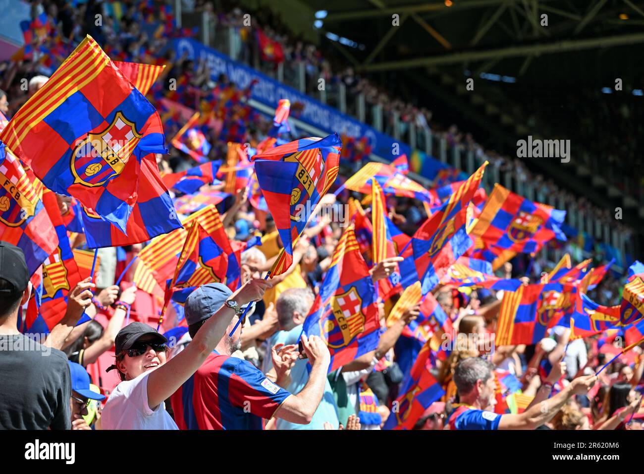 Eindhoven, The Netherlands. 03rd June, 2023. fans and supporters of Barcelona pictured with flags during a female soccer game between FC Barcelona Femeni and VFL Wolfsburg, at the final of the 2022-2023 Uefa Women's Champions League competition, on Saturday 3 June 2023 in Eindhoven, The Netherlands . Credit: sportpix/Alamy Live News Stock Photo