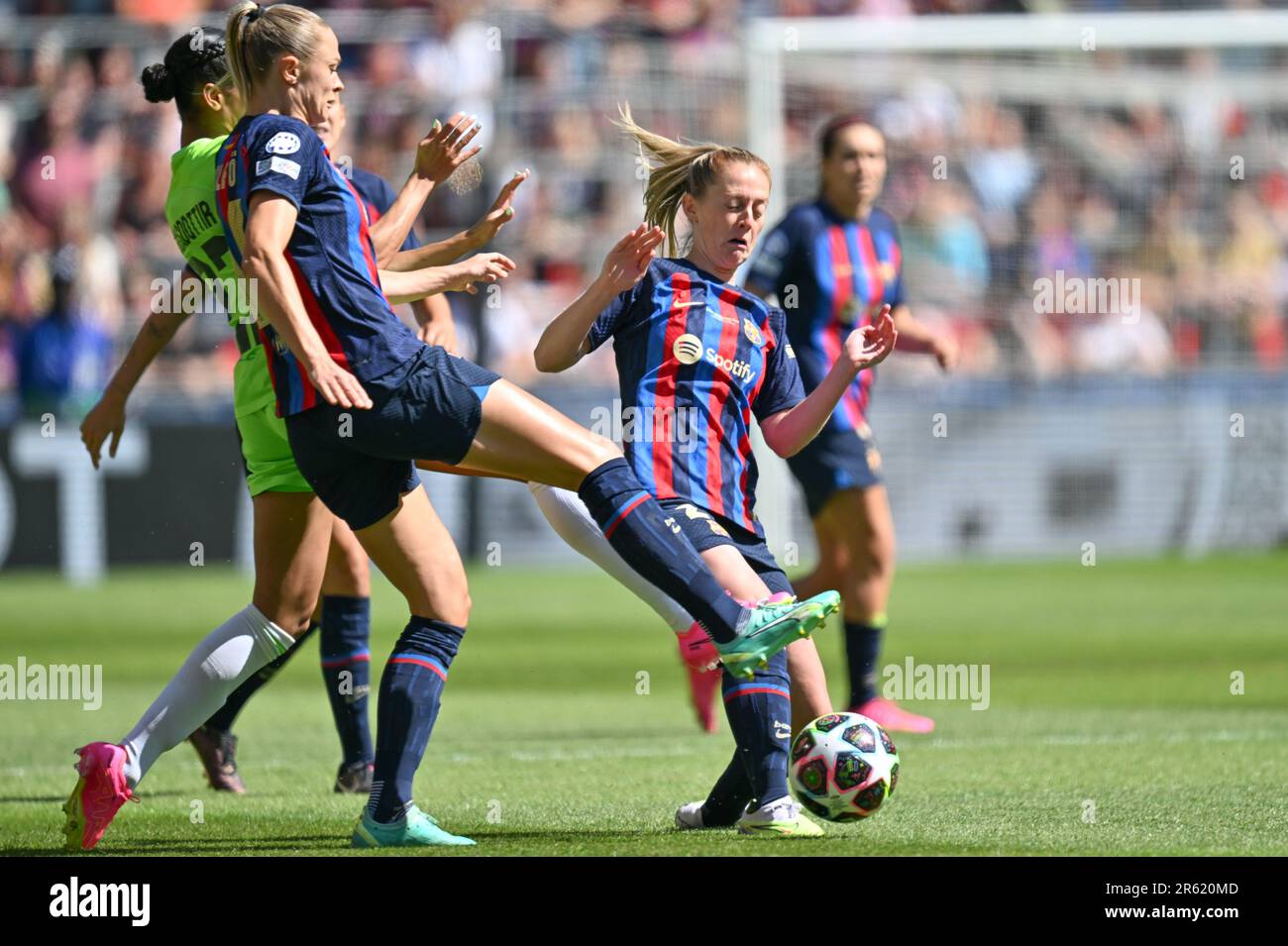 Eindhoven, The Netherlands. 03rd June, 2023. Sveindis Jane Jonsdottir of Wolfsburg, Fridolina Rolfo of Barcelona and Keira Walsh of Barcelona pictured fighting for the ball during a female soccer game between FC Barcelona Femeni and VFL Wolfsburg, at the final of the 2022-2023 Uefa Women's Champions League competition, on Saturday 3 June 2023 in Eindhoven, The Netherlands . Credit: sportpix/Alamy Live News Stock Photo