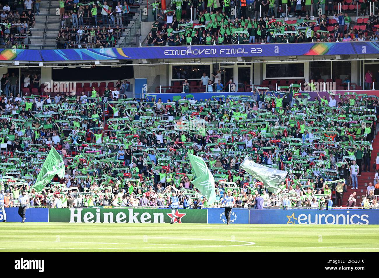 Eindhoven, The Netherlands. 03rd June, 2023. fans and supporters of Wolfsburg pictured during a female soccer game between FC Barcelona Femeni and VFL Wolfsburg, at the final of the 2022-2023 Uefa Women's Champions League competition, on Saturday 3 June 2023 in Eindhoven, The Netherlands . Credit: sportpix/Alamy Live News Stock Photo