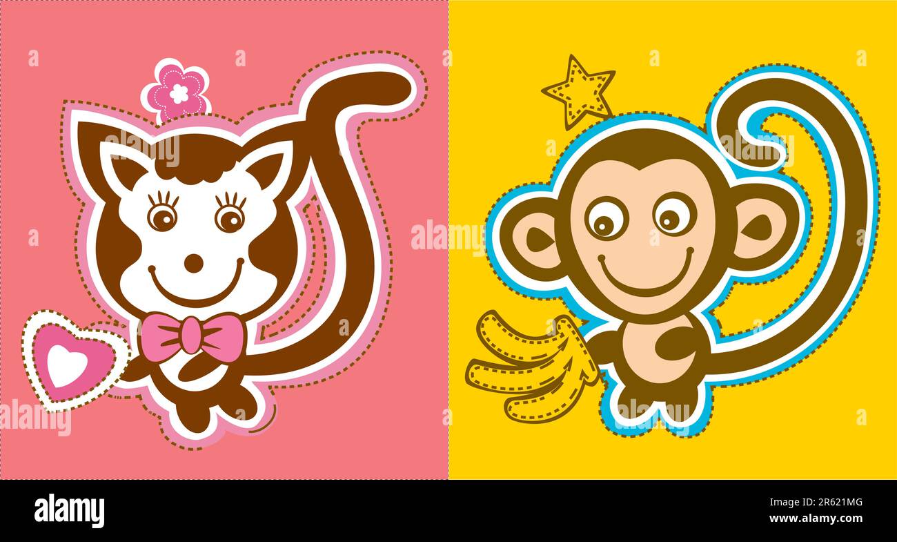 Cute cartoon cat and monkey background Stock Vector