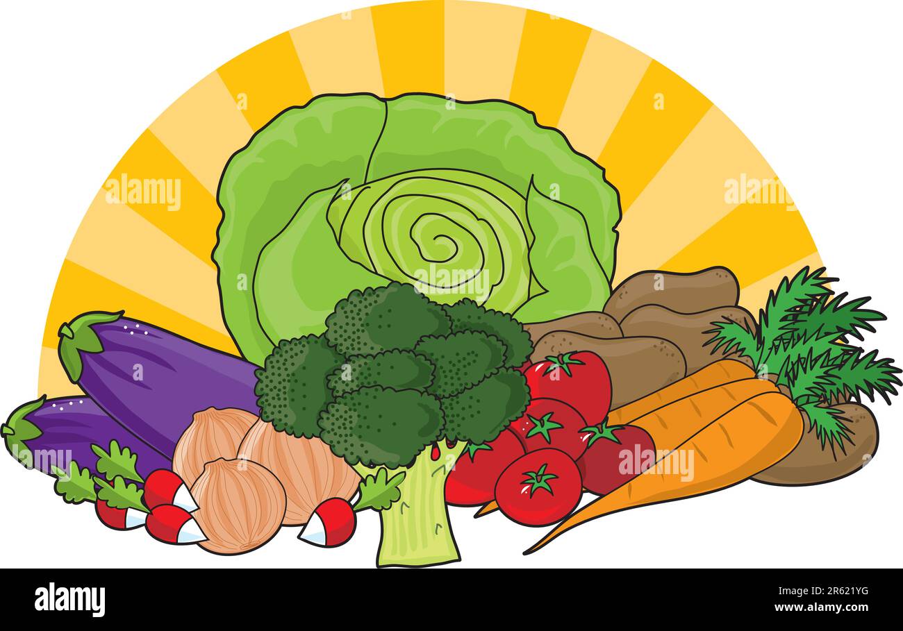 An assortment of fresh vegetables with sunrays in the background Stock Vector