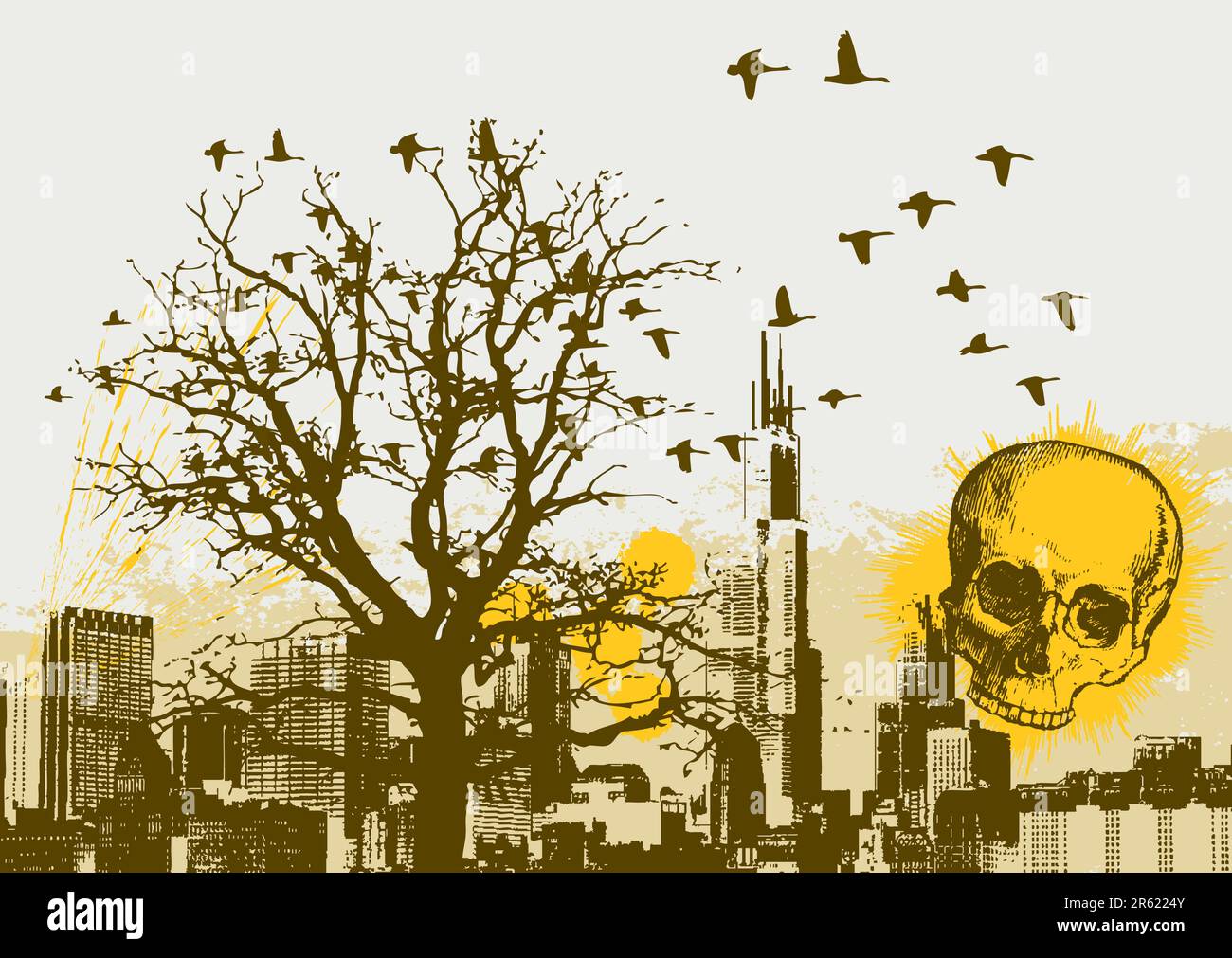Grunge Cityscape Vector Background with Skull Stock Vector