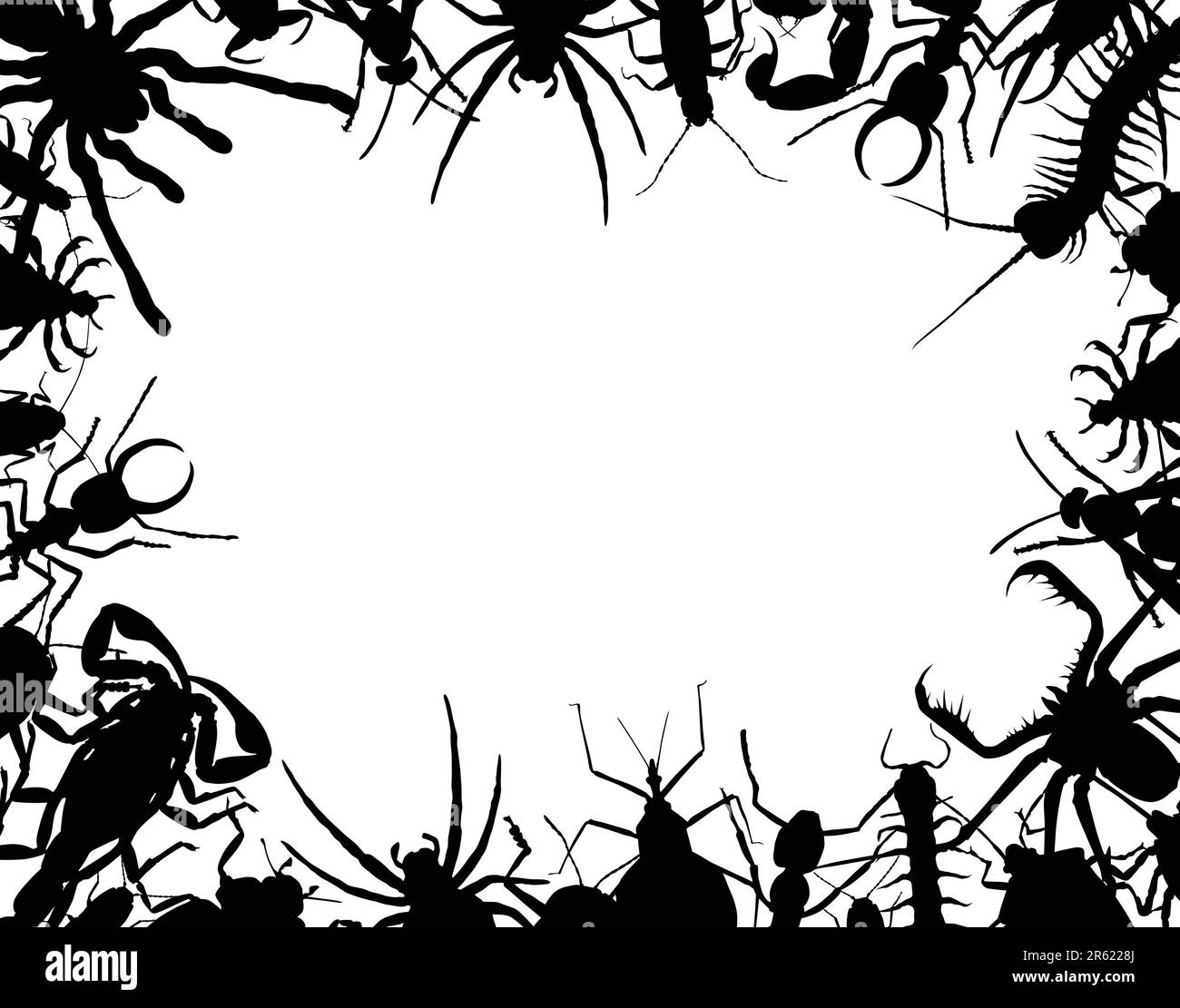 Border frame of editable vector outlines of insects and other invertebrates Stock Vector