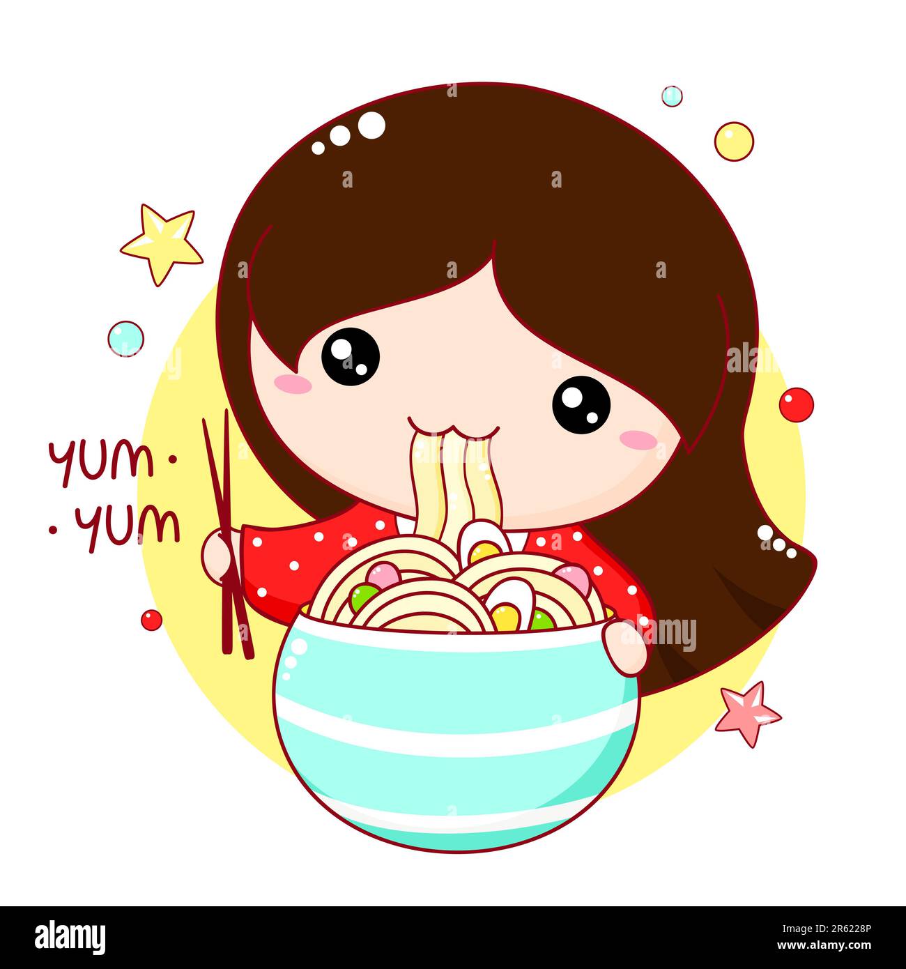 Cute little girl eat ramen noodles. Inscription Yum yum. Kawaii baby girl are happy to eat noodles. Can be used for t-shirt, poster, greeting card des Stock Photo