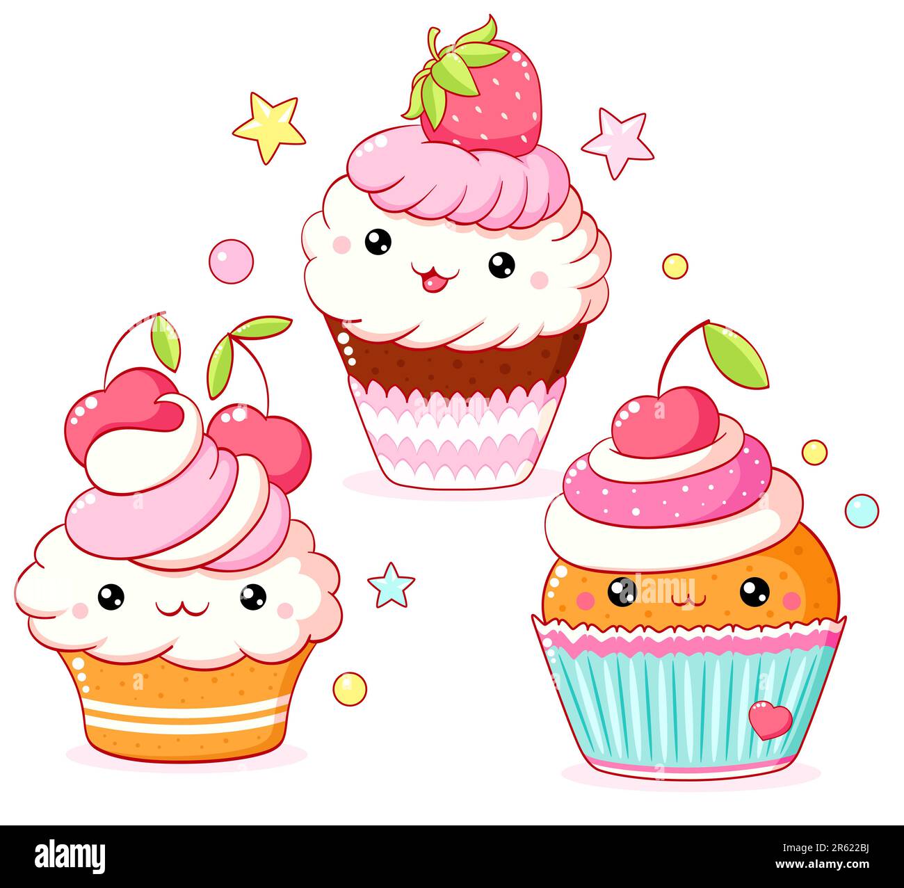 Set of cute sweet desserts in kawaii style with smiling face and pink cheeks. Cake, muffin and cupcake with whipped cream, cherry and strawberry. Vect Stock Photo