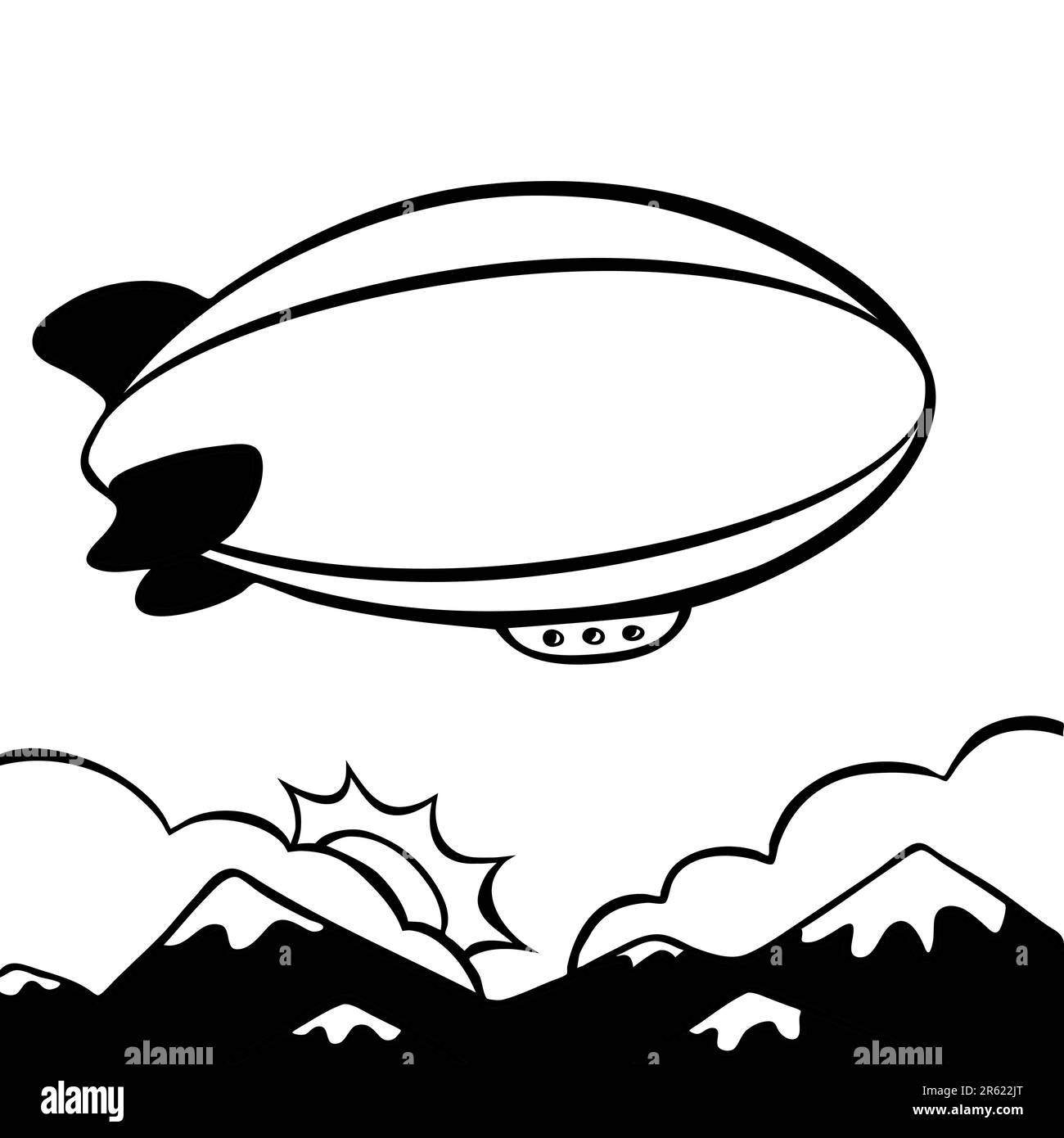 Cartoon image of a blimp flying overhead - black and white version. Stock Vector