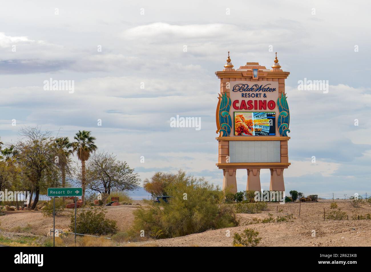 Parker, AZ - March 10, 2023: Sign for the BlueWater Casino and Resort Hotel, is owned by the Colorado River Indian Tribes of AZ and CA. Stock Photo