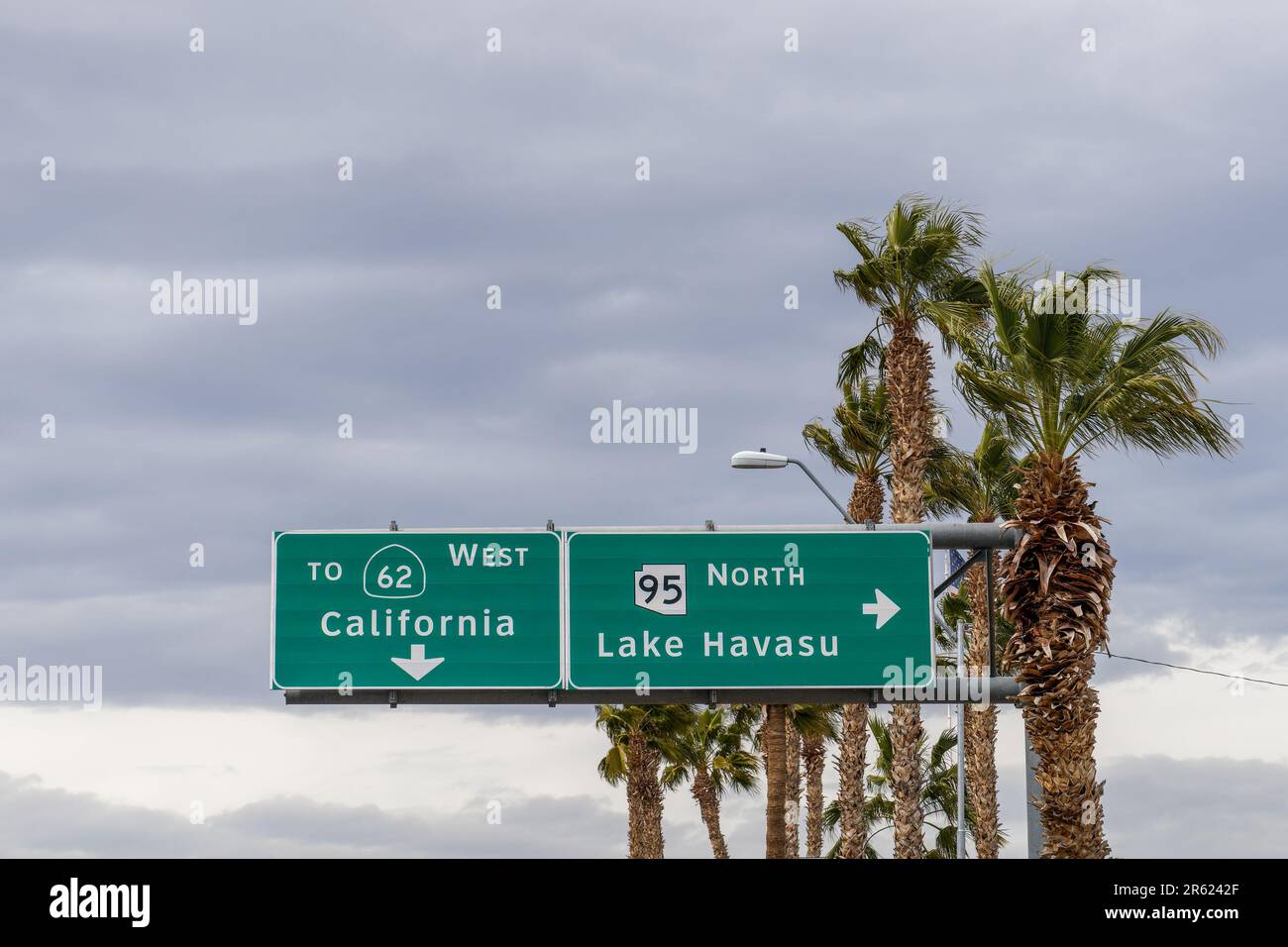 road signs in Parker, Arizona for AZ95 North toward Lake Havasu and CA62 West toward California Stock Photo