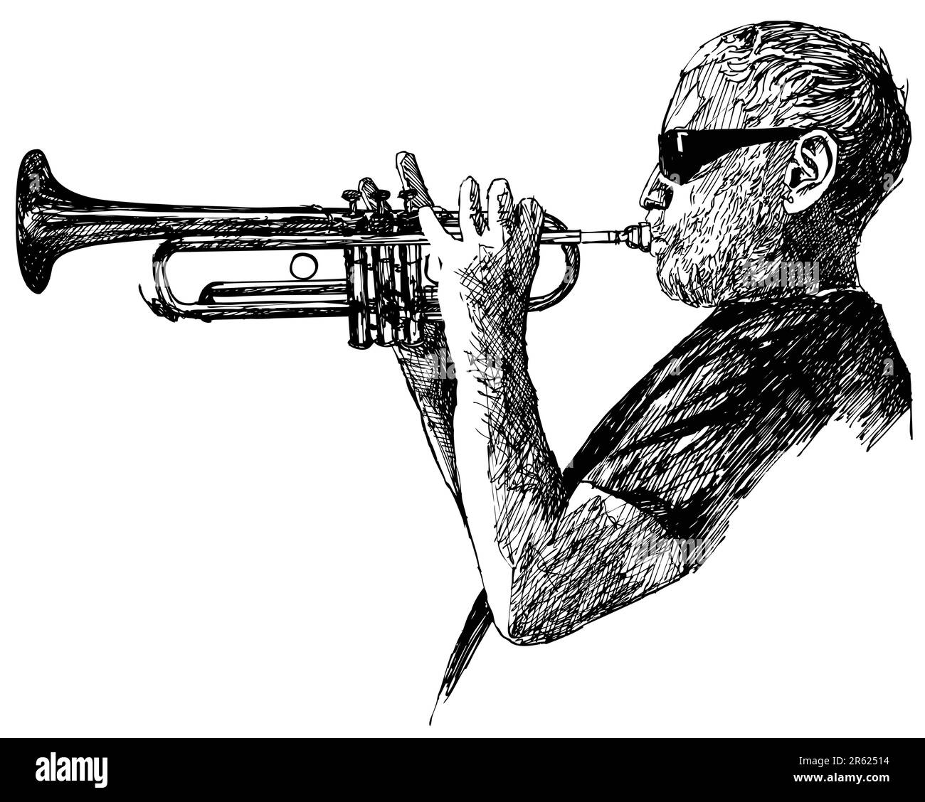 Ink drawing vector illustration of a jazz trumpet player Stock Vector