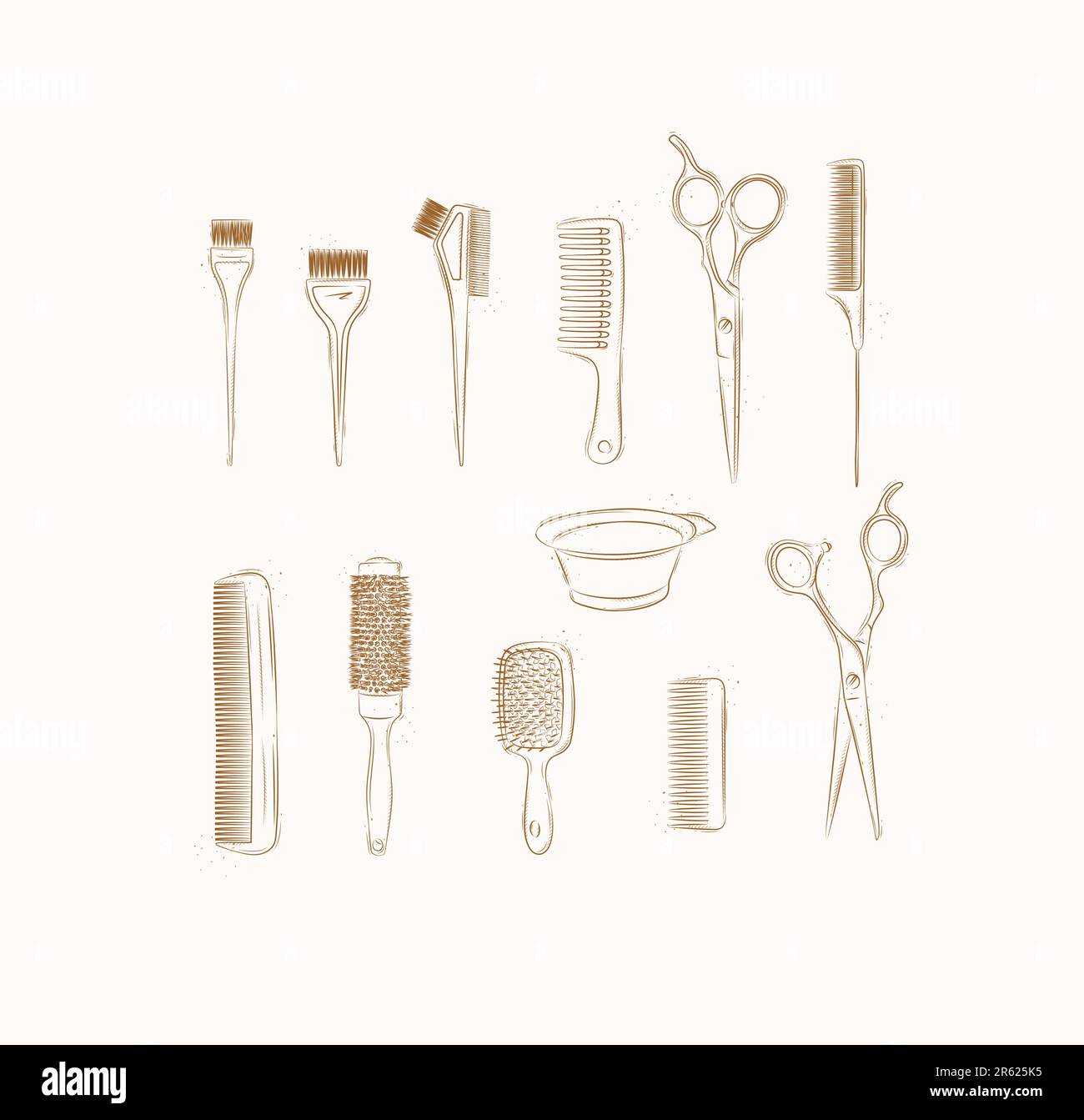 Hairdresser comb types and hair dye brushes collection drawing on brown background Stock Vector