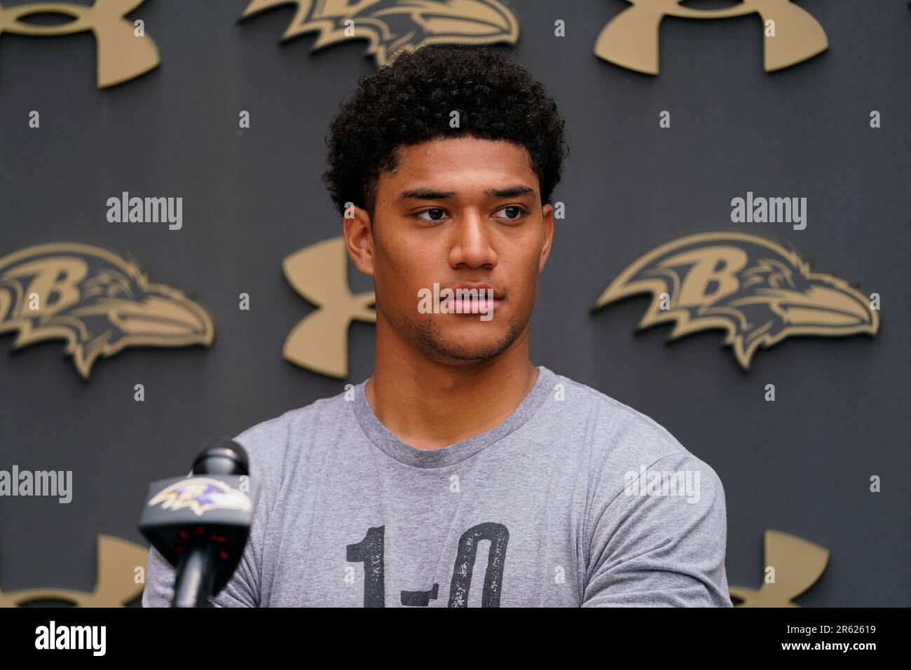 Baltimore Ravens safety Kyle Hamilton speaks to reporters during the