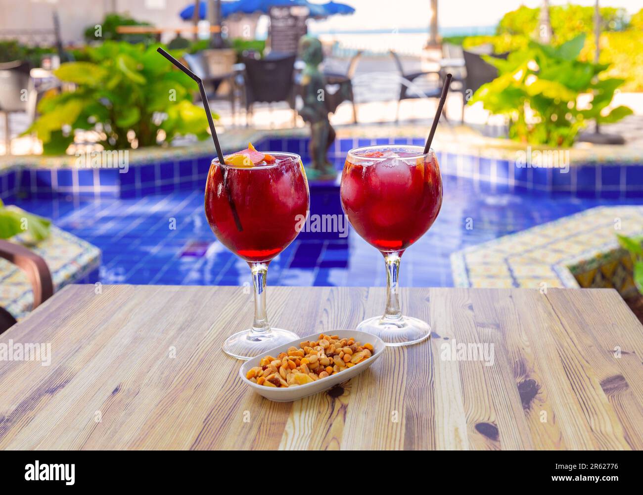 https://c8.alamy.com/comp/2R62776/two-glasses-with-red-wine-sangria-and-a-plate-of-nuts-on-the-table-against-the-backdrop-of-the-pool-on-a-sunny-day-2R62776.jpg