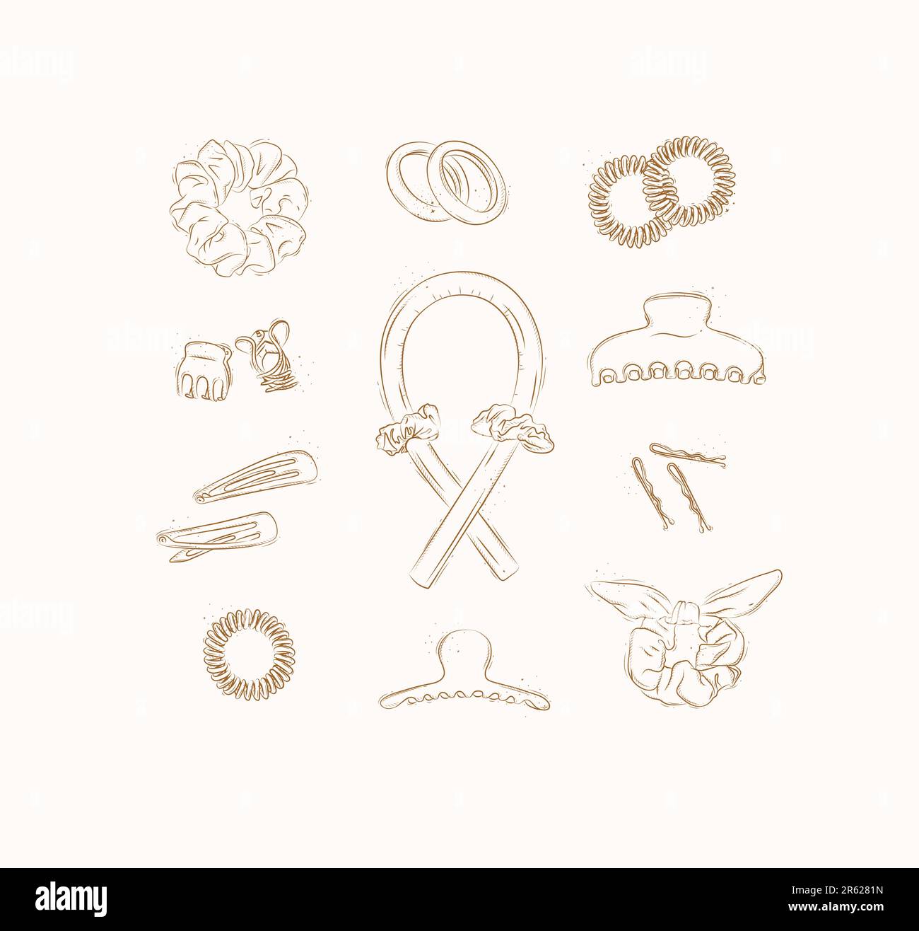 Elastic bands and hair clips collection drawing on brown background Stock Vector