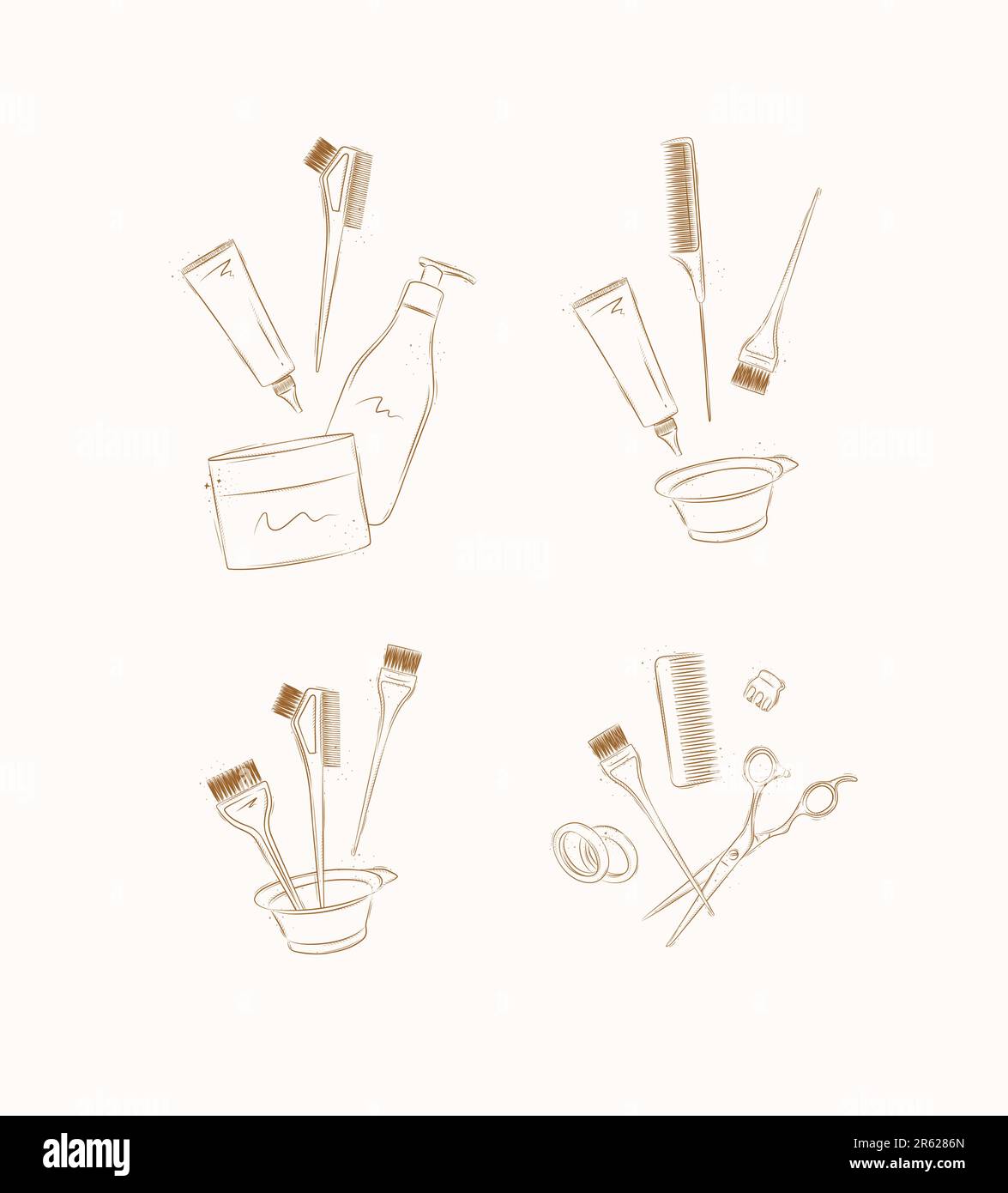 Hair dye tools and accessories compositions drawing on brown background Stock Vector