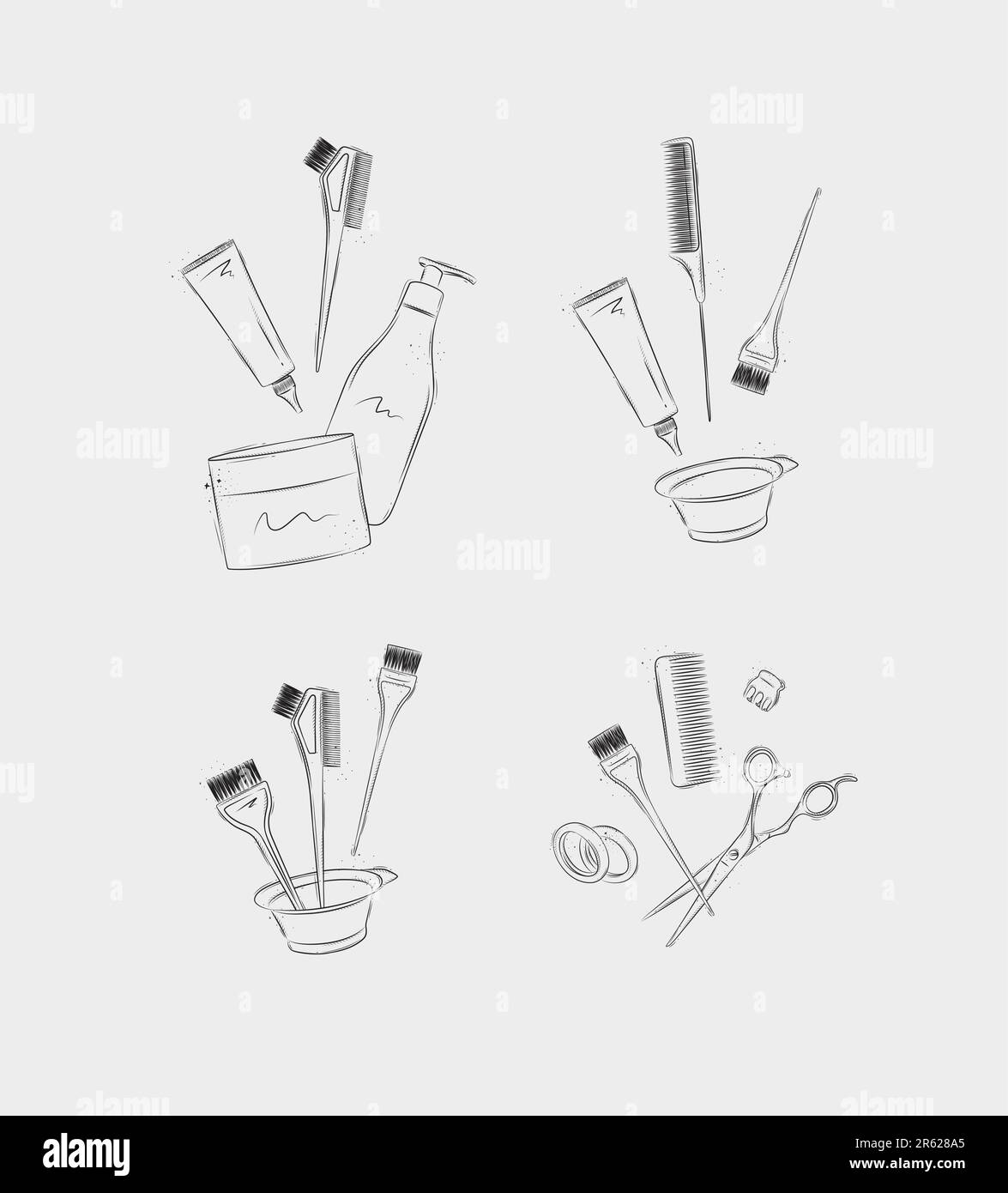 Hair dye tools and accessories compositions drawing on light background