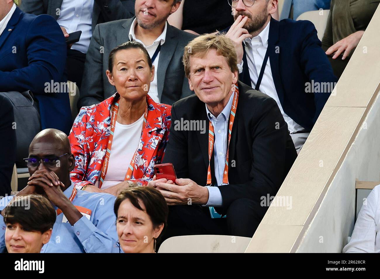 Paris, France. 6th June, 2023. Dietloff von Arnim (r) sits in the stands. The President of the German Tennis Federation (DTB) is standing in the election for the presidency of the International Tennis Federation (ITF) on 24 September 2023. Frank Molter/Alamy Live news Stock Photo
