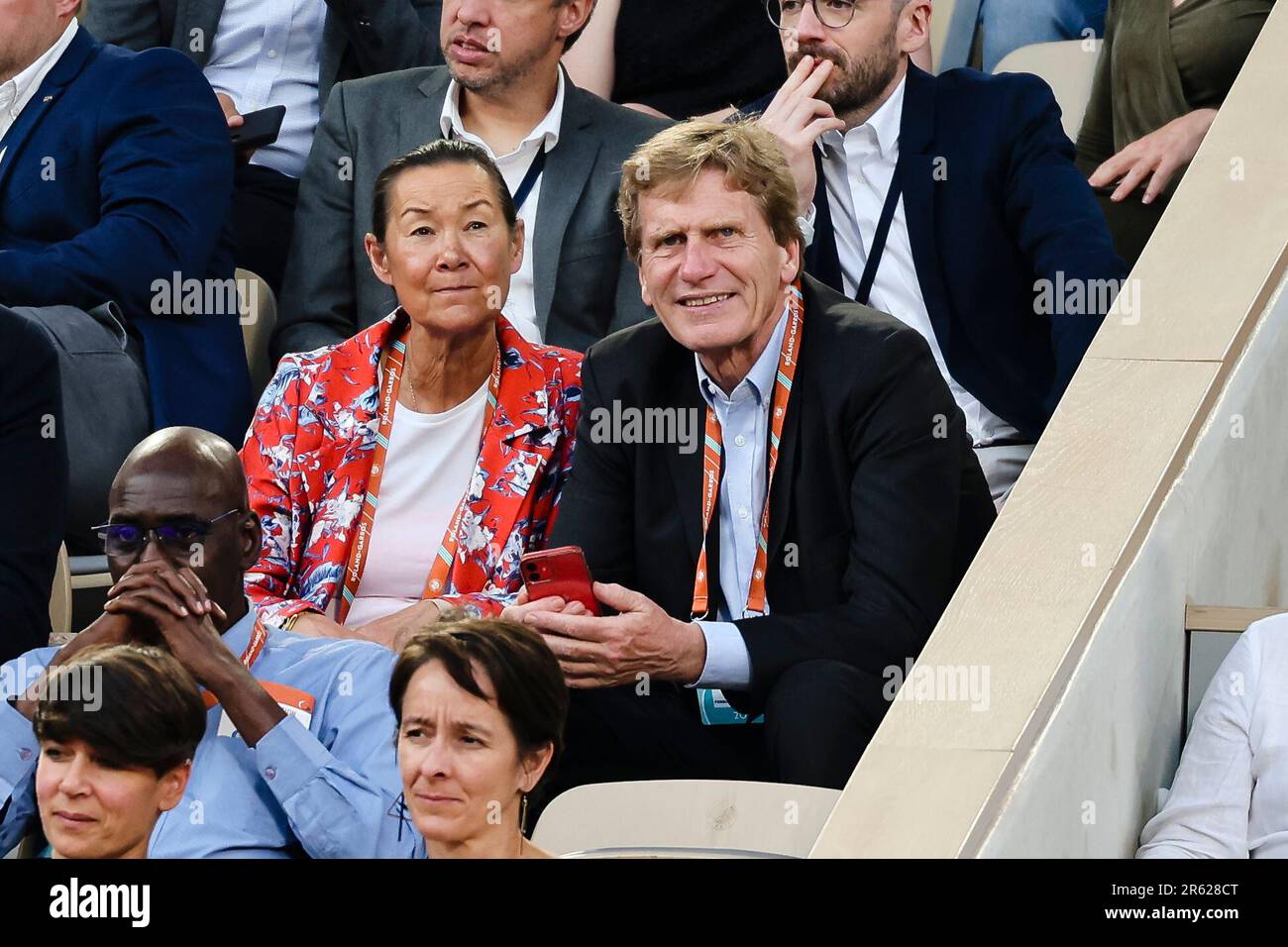 Paris, France. 6th June, 2023. Dietloff von Arnim (r) sits in the stands. The President of the German Tennis Federation (DTB) is standing in the election for the presidency of the International Tennis Federation (ITF) on 24 September 2023. Frank Molter/Alamy Live news Stock Photo