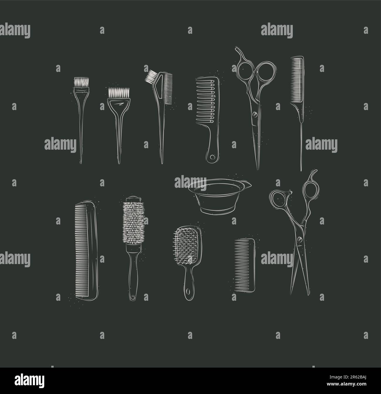 Hairdresser comb types and hair dye brushes collection drawing on black background Stock Vector