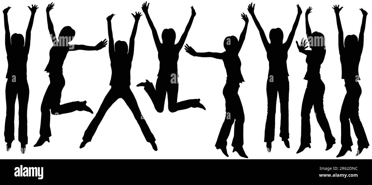 Set of editable vector silhouettes of jumping women Stock Vector