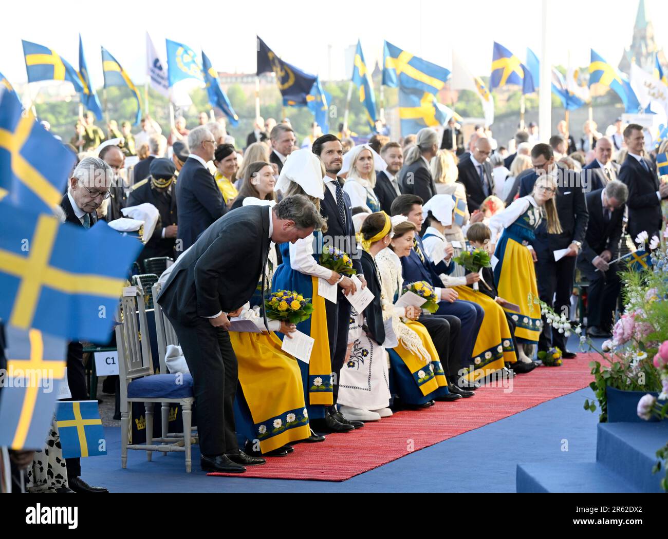 Stockholm, Sweden. 06th June, 2023. Christopher O'Neill, Princess Madeleine, Princess Sofia, Prince Carl Philip, Helena Norlén, Queen Silvia, King Carl XVI Gustaf, Speaker Andreas Norlén, Crown Princess Victoria, Prince Oscar, Princess Estelle and Prince Daniel at Skansen during National Day celebrations with a performance on the Solliden Stage, Stockholm, Sweden, 6 June 2023.Photo: Pontus Lundahl/TT/code 10050 Credit: TT News Agency/Alamy Live News Stock Photo