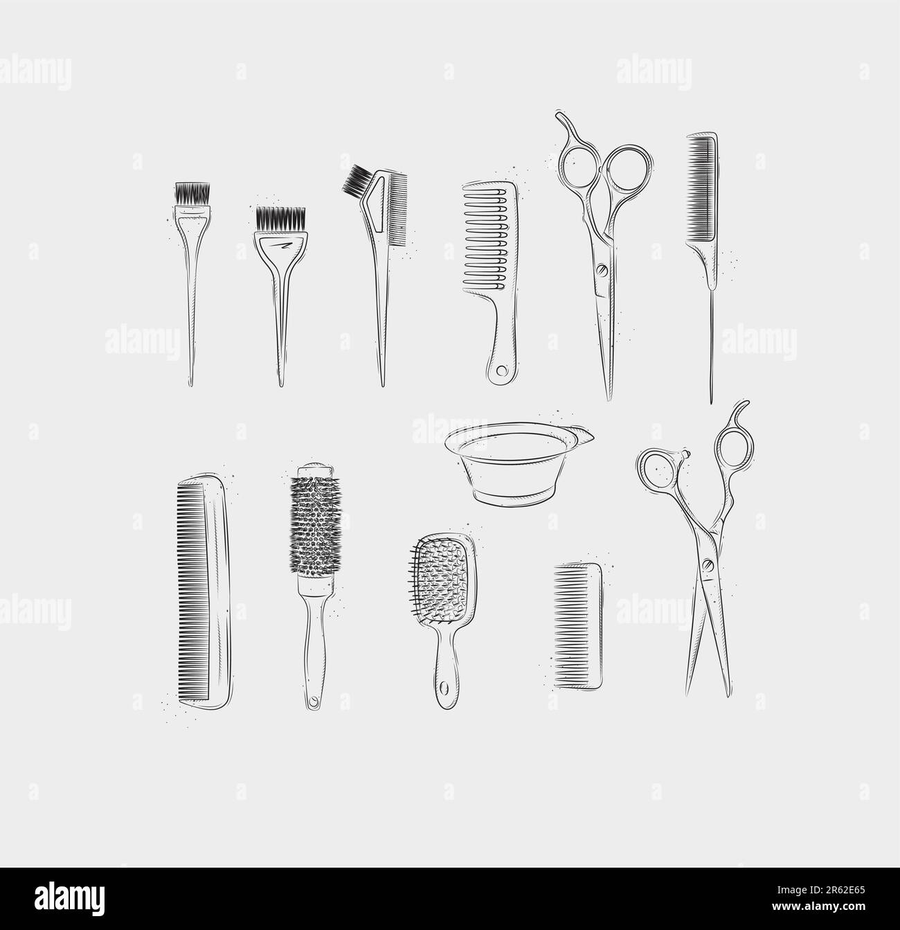 Hairdresser comb types and hair dye brushes collection drawing on light background Stock Vector