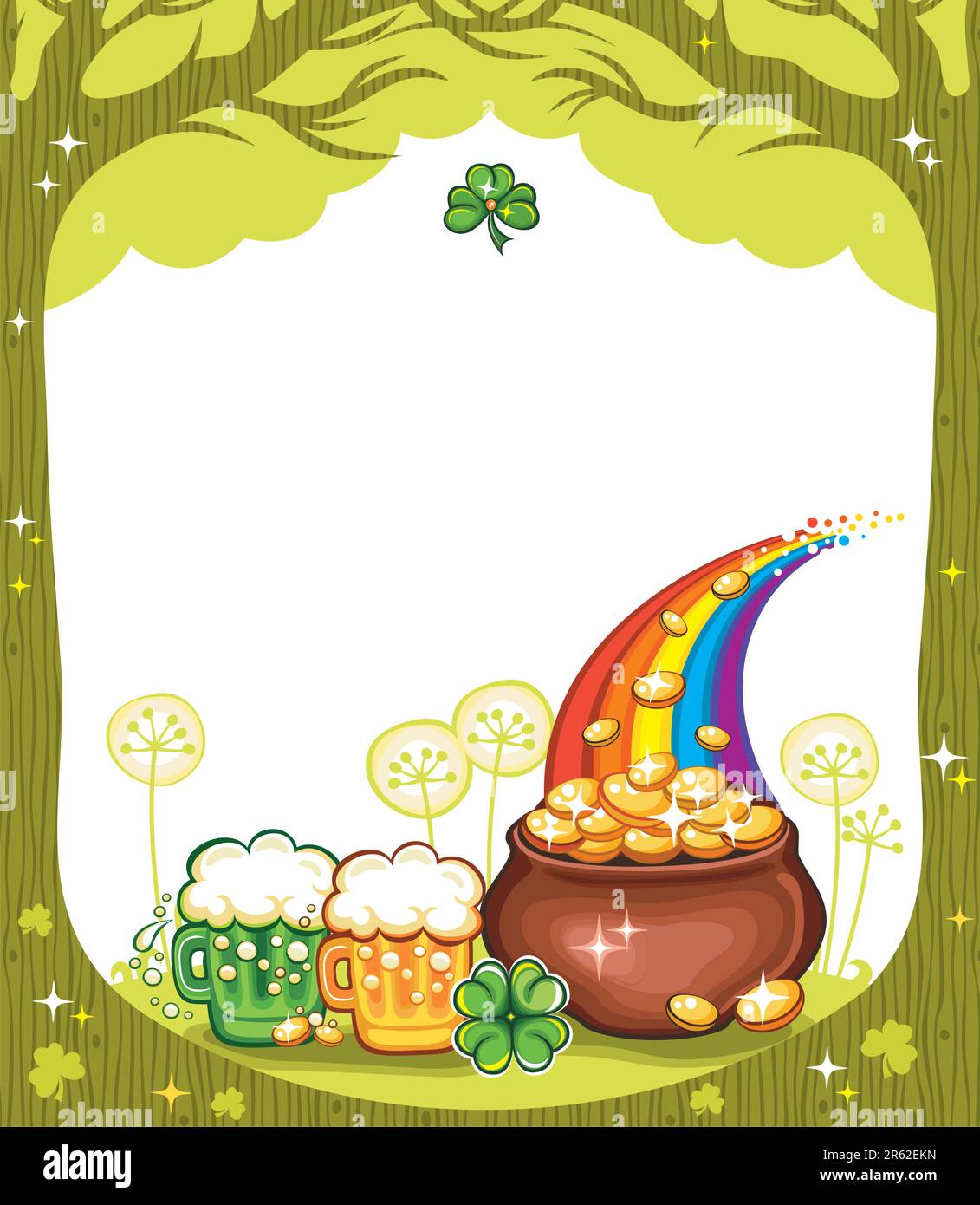 St. Patricks Day frame with trees, pot of gold, beer mugs, clover Stock Vector