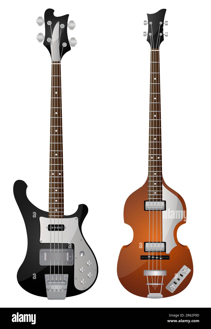 Isolated image of vintage bass guitars. Vector illustration. Stock Vector