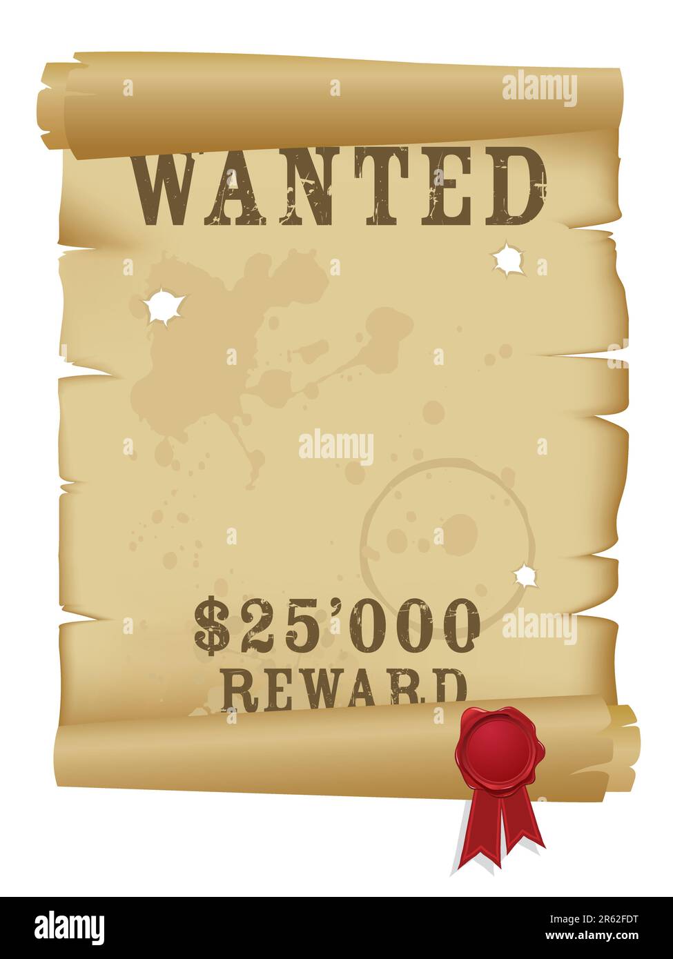 Wanted poster with bullet holes and wax seal Stock Vector