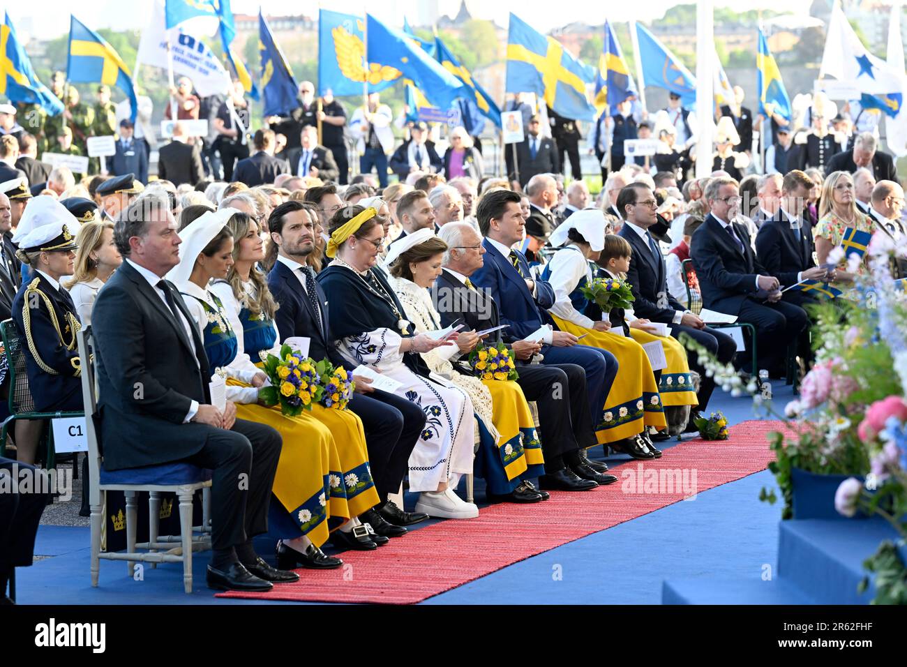 Stockholm, Sweden. 06th June, 2023. Christopher O'Neill, Princess Madeleine, Princess Sofia, Prince Carl Philip, Helena Norlén, Queen Silvia, King Carl XVI Gustaf, Speaker Andreas Norlén, Crown Princess Victoria, Prince Oscar, Princess Estelle and Prince Daniel at Skansen during National Day celebrations with a performance on the Solliden Stage, Stockholm, Sweden, 6 June 2023.Photo: Pontus Lundahl/TT/code 10050 Credit: TT News Agency/Alamy Live News Stock Photo