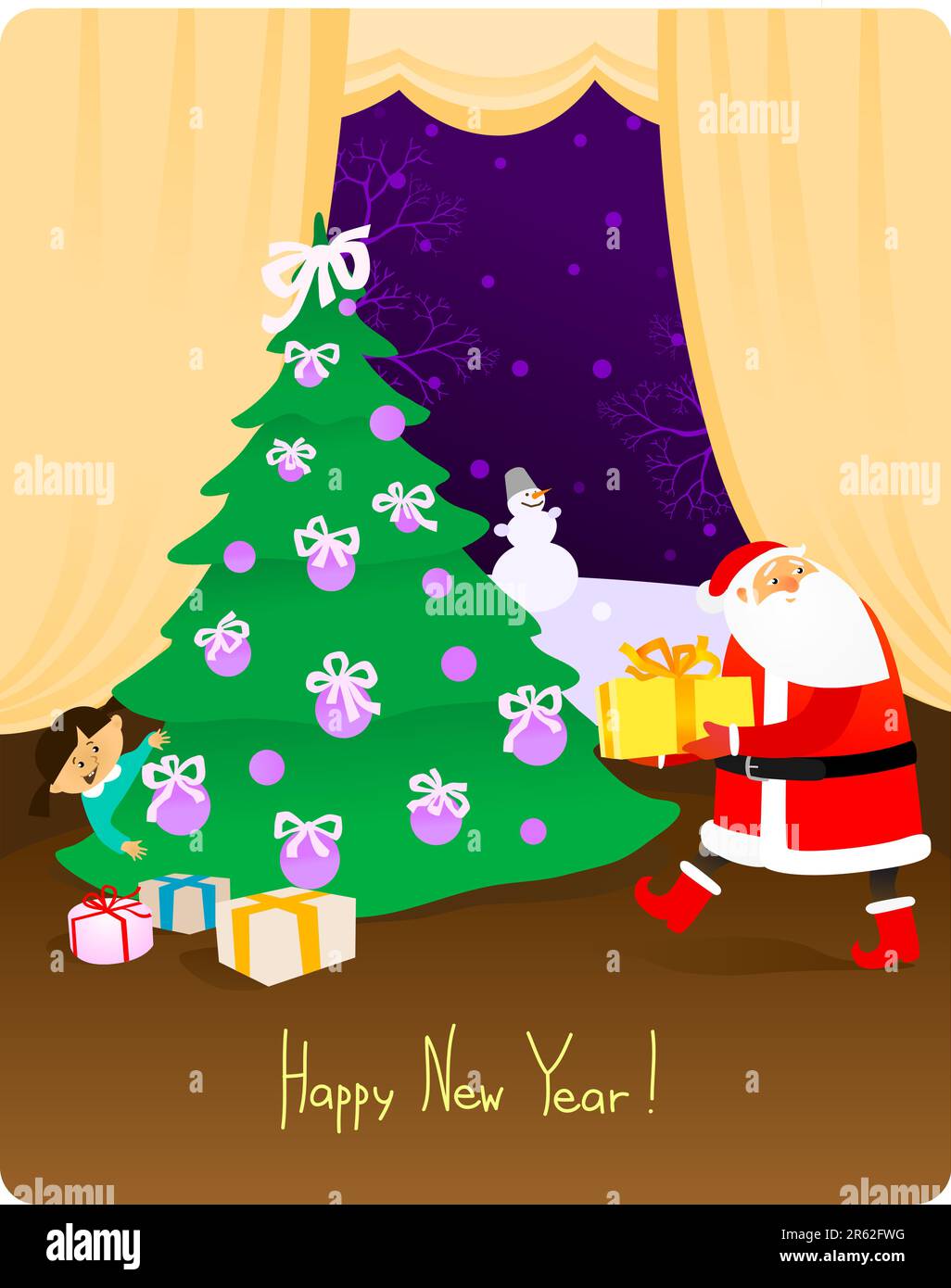 Sneaking Santa gonna leave a present near the new year tree, and a child is spying upon him. Greeting phrase is a separated layer, so you can write... Stock Vector