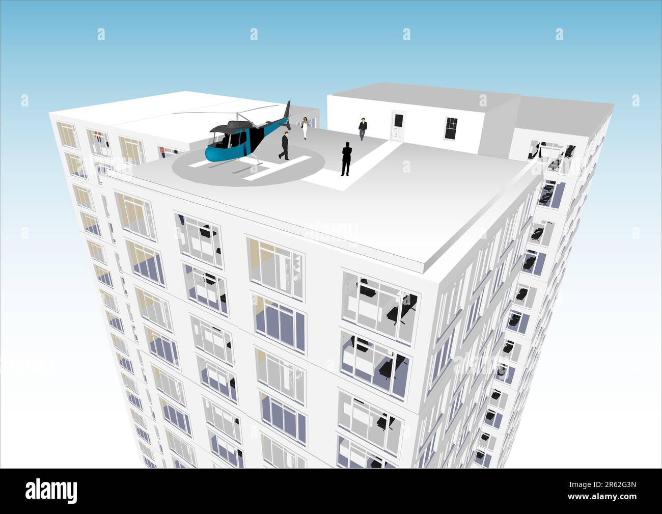 Skyscraper / Office Block / Campus in vector format. Every feature of this building including doors, windows and helicopter can be edited or colore... Stock Vector