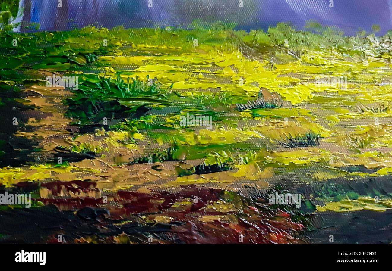 Oil painting of green and yellow meadows in the forest Stock Photo - Alamy