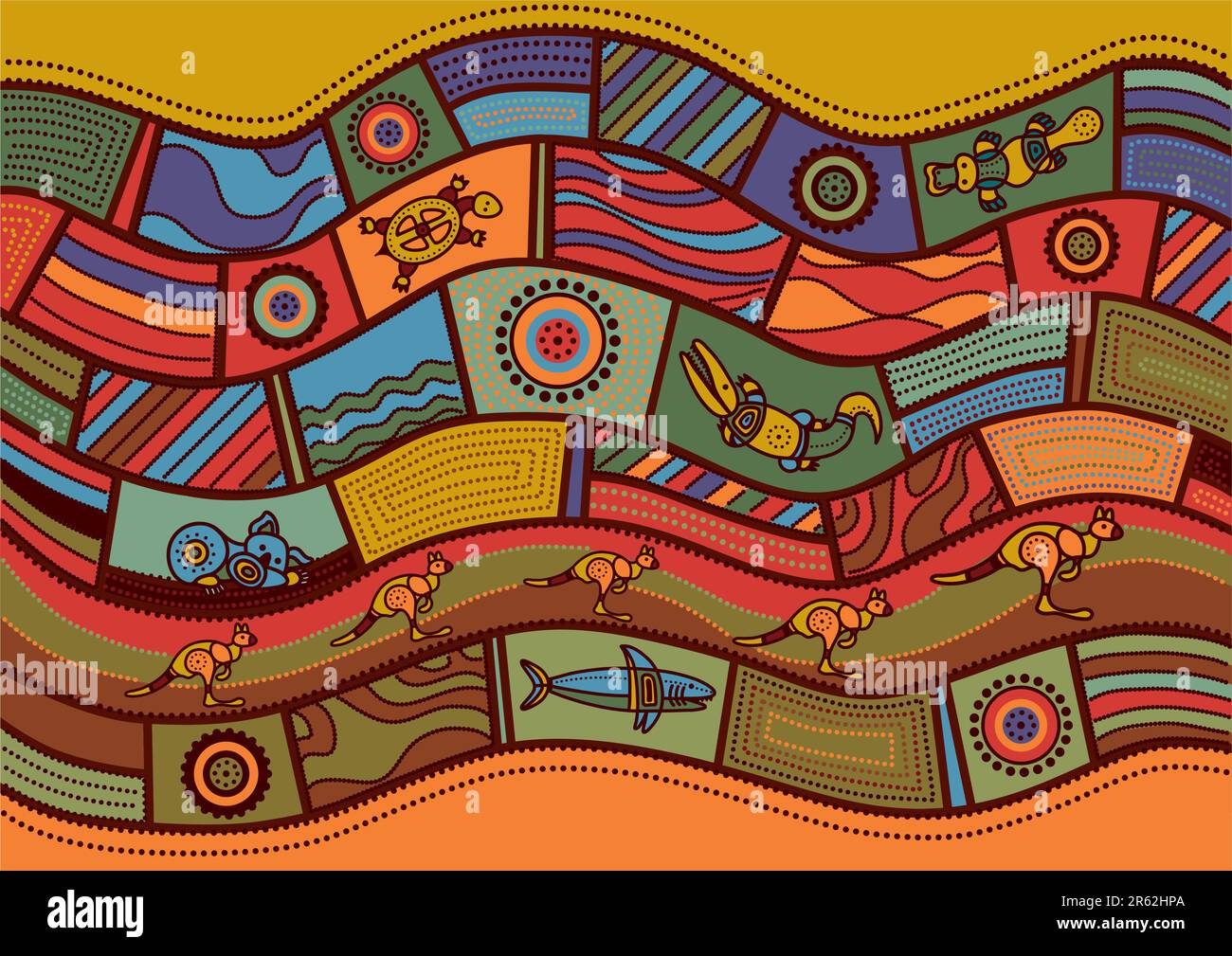 Vector pattern including ethnic Australian motive with multicolored typical elements Stock Vector